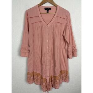 Gretty Zueger 100% Cotton Women’s‎ Tunic Top Sz Small Pink Lace Lagenlook Boho